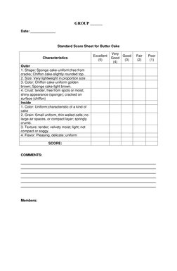 GROUP ______ 
Date: _____________ 
 
Standard Score Sheet for Butter Cake 
Characteristics 
Excellent 
(5) 
Very 
Good 
(4)