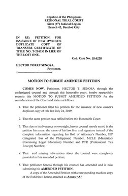 Republic of the Philippines 
REGIONAL TRIAL COURT 
Sixth (6th) Judicial Region 
Branch 42, Bacolod City 
 
 
IN 
RE: 
PETITIO