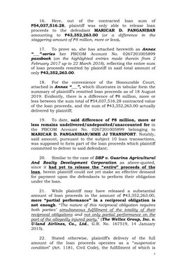 5 
 
16. 
Here, 
out 
of 
the 
contracted 
loan 
sum 
of 
₱54,037,516.28, plaintiff was only able to release loan 
proceeds t