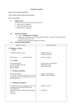 Detailed Lesson Plan 
Applicant Name: Jimelyn Payot Pido 
Address: Purok-3, Bulod, Tubod, Lanao del Norte  
Strand:  Agri-fis