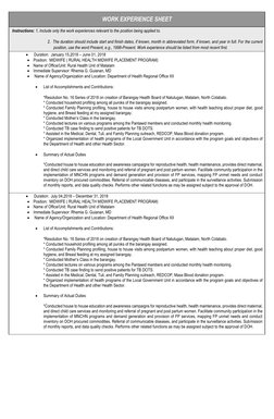 WORK EXPERIENCE SHEET 
 Instructions: 1. Include only the work experiences relevant to the position being applied to.
