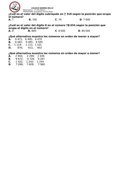 COLEGIO ANDRÉS BELLO
 Matemática – 4° Año Básico
 PROFESORA: Jacqueline Carrillo Roj