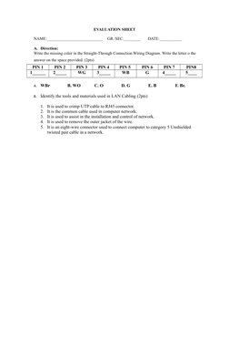 EVALUATION SHEET
NAME:___________________________
GR./SEC.________
DATE:___________
A. Direction:
Write the missing color in