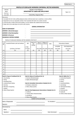 Instructions:
1. Accomplish this form when profiling displaced workers (informal sector) due to calamities or armed conflicts