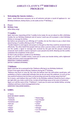 ASHLEY CLAVIN’S 7TH BIRTHDAY 
PROGRAM 
 
 
I. 
Welcoming the Guests/visitors… 
(Spiel:  Good Afternoon everyone, let us all w