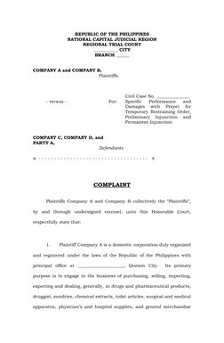 REPUBLIC OF THE PHILIPPINES
NATIONAL CAPITAL JUDICIAL REGION
REGIONAL TRIAL COURT
___________ CITY
BRANCH ______
COMPANY A an