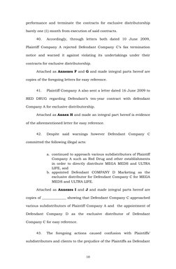 performance and terminate the contracts for exclusive distributorship
barely one (1) month from execution of said contracts.