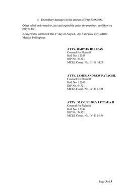 Page 3 of 5 
 
c. Exemplary damages in the amount of Php 50,000.00. 
Other relief and remedies, just and equitable under the