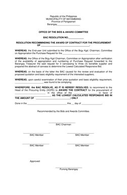 Barangay BAC Resolution for Contract Award | PDF | Procurement | Government