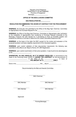 Barangay BAC Resolution for Contract Award | PDF | Procurement | Government