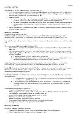 TOA-03 
INVENTORY COST FLOW 
 
The following are the cost flow assumptions acceptable under IFRS: 
1. FIFO – this method favo