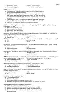 TOA-03 
     a.  
No inventory system     
 
c. Perpetual inventory system 
     b. 
Periodic inventory system 
 
 
d. Planne