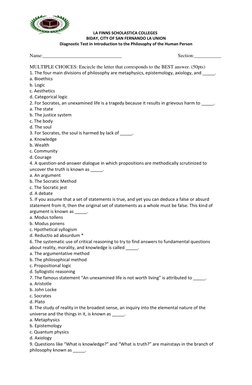 Grade 12 Philosophy Diagnostic Test | PDF | Epistemology | Metaphysics