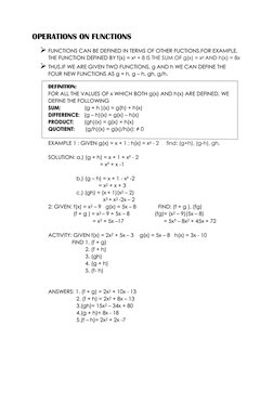 OPERATIONS ON FUNCTIONS 
 FUNCTIONS CAN BE DEFINED IN TERMS OF OTHER FUCTIONS.FOR EXAMPLE, 
THE FUNCTION DEFINED BY f(x) = x