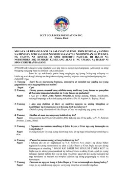ICCT COLLEGES FOUNDATION INC. 
Cainta, Rizal 
 
 
 
 
MALAYA AT KUSANG LOOB NA SALAYSAY NI ROEL JOHN POSADAS y SANTOS  
NA
