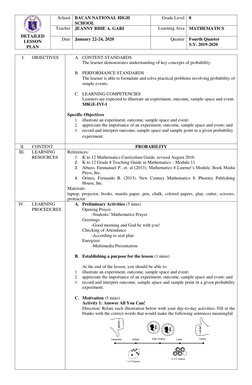 DETAILED 
LESSON 
PLAN 
School BACAN NATIONAL HIGH 
SCHOOL 
Grade Level 8 
Teacher JEANNY BHIE A. GARI 
Learning Area MATHEMA