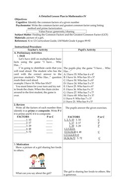 A Detailed Lesson Plan in Mathematics IV 
Objectives:  
  Cognitive: Identify the common factors of a given number 
  Psychom
