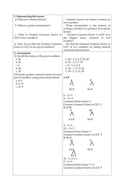 5. Summarizing the Lesson 
  a. What are common factors? 
 
  b. What is a prime factorization?  
 
 
  c. What is Greatest C