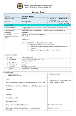 Grade 9 Volcano Types Lesson Plan | PDF | Volcano | Lava