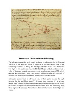 Distance to the Sun (lunar dichotomy) 
The only known surviving work usually attributed to Aristarchu