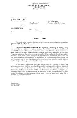 Republic of the Philippines 
OFFICE OF THE PROVINCIAL 
PROSECUTOR 
Province of Guimaras 
 
 
 
 
 
JOSELLE MAKI JOY 
 
I.S. N