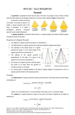 1 
 
Acorda, G., et al., (2005).  Solid Mensuration (Workbook). Kumintang Ilaya, Batangas City: Feliber Publishing House 
Bla