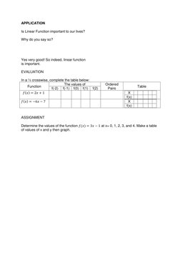 APPLICATION 
 
Is Linear Function important to our lives? 
 
Why do you say so? 
 
 
 
 
Yes very good! So indeed, linear fun