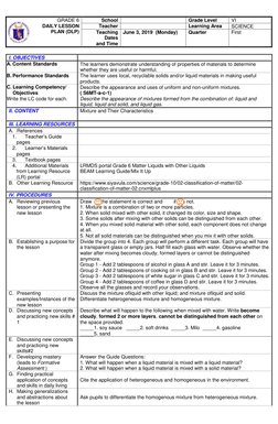 GRADE 6 
DAILY LESSON  
PLAN (DLP) 
School  
Grade Level 
VI 
Teacher  
Learning Area 
SCIENCE 
Teaching 
Da