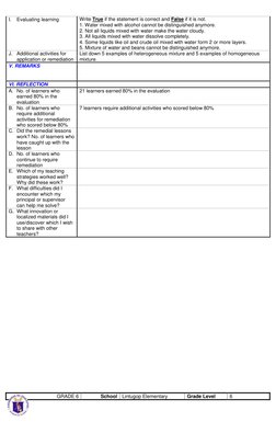 I. Evaluating learning 
Write True if the statement is correct and False if it is not. 
1. Water mixed with alcohol cannot be