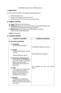 Grade 1 Telling Time Lesson Plan | PDF | Clock | Teaching