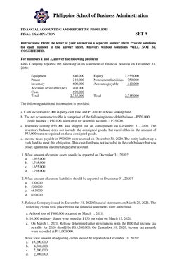 Philippine School of Business Administration 
 
 
 
FINANCIAL ACCOUNTING AND REPORTING PROBLEMS