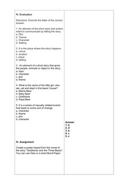 IV. Evaluation
Directions: Encircle the letter of the correct
answer.
1. An element of the short story that writers
intent to