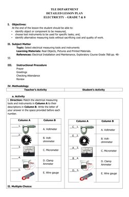 TLE DEPARTMENT
DETAILED LESSON PLAN
ELECTRICITY – GRADE 7 & 8
I.
Objectives:
At the end of the lesson the student should be a