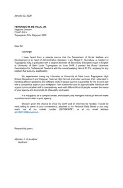 January 22, 2020
FERNANDO R. DE VILLA, JR.
Regional Director
DSWD FO II
Tuguegarao City, Cagayan 3500
Dear Sir:
Greetings!
I
