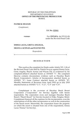 REPUBLIC OF THE PHILIPPINES
DEPARTMENT OF JUSTICE
OFFICE OF THE PROVINCIAL PROSECUTOR
BOHOL
PATRICK SWAYZE
Complainant,
I.S.