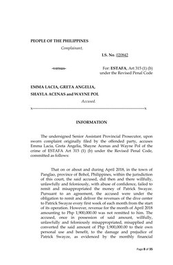 PEOPLE OF THE PHILIPPINES
Complainant,
I.S. No. 020842
-versus-
For: ESTAFA, Art 315 (1) (b)
under the Revised Penal Code 
EM