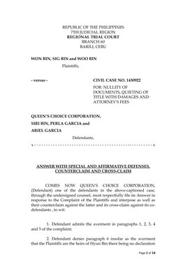 REPUBLIC OF THE PHILIPPINES
7TH JUDICIAL REGION
REGIONAL TRIAL COURT
BRANCH 60
BARILI, CEBU
WON BIN, SIG BIN and WOO BIN
Plai