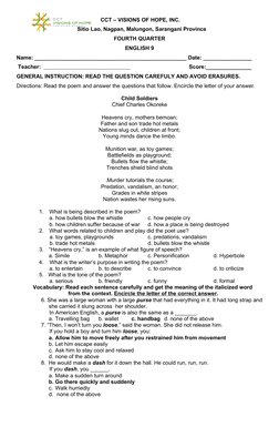 CCT – VISIONS OF HOPE, INC.
   Sitio Lao, Nagpan, Malungon, Sarangani Province
FOURTH QUARTER 
ENGLISH 9
Name: _____________