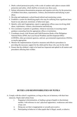 1. Draft a school protectyion policy with a code of cunduct and a plan to ensure child 
protection and safety, which shall be