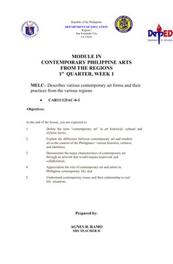 Republic of the Philippines
DEPARTMENT OF EDUCATION
Region I
San Fernando City
La Union
MODULE IN 
CONTEMPORARY PHILIPPINE AR