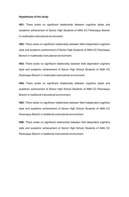 Hypotheses of the study 
H01: There  exists  no  significant  relationship  between  cognitive  styles  and
academic achievem