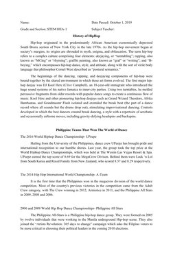 Name:
Date Passed: October 1, 2019
Grade and Section: STEM HEA-1
Subject Teacher: 
History of HipHop
Hip-hop originated  in t