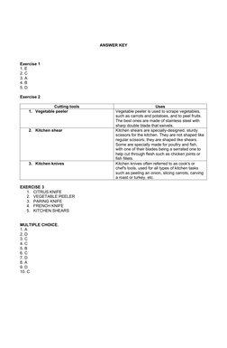 ANSWER KEY
Exercise 1
1. E
2. C
3. A
4. B
5. D
Exercise 2
Cutting tools
Uses
1.
Vegetable peeler
Vegetable peeler is used to