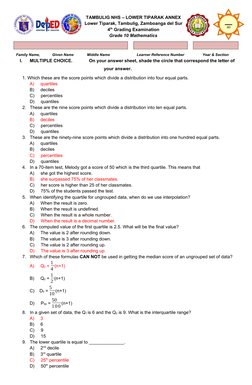 Grade 10 Math 4th Quarter Exam Reviewer | PDF | Percentile | Quantile