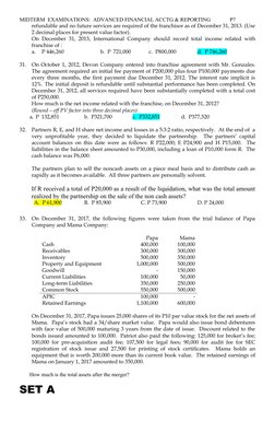 MIDTERM  EXAMINATIONS:  ADVANCED FINANCIAL ACCTG & REPORTING
P7
refundable and no future services are required of the franchi