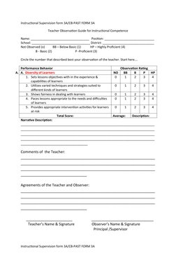 Instructional Supervision form 3A/CB-PAST FORM 3A                                                    
Teacher Observation Gui