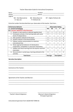 Teacher Observation Guide for Instructional Competence
Name: __________________________________   Position: _________________