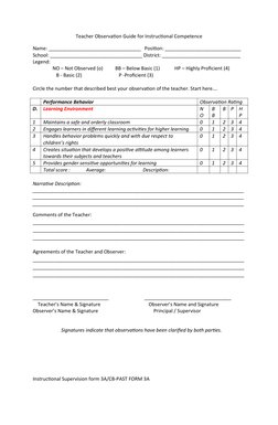 Teacher Observation Guide for Instructional Competence
Name: __________________________________   Position: _________________