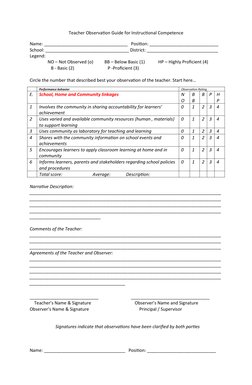 Teacher Observation Guide for Instructional Competence
Name: __________________________________   Position: _________________