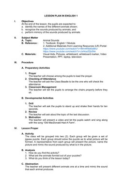 Animal Sounds Lesson Plan for Grade 1 | PDF | Lesson Plan | Teachers